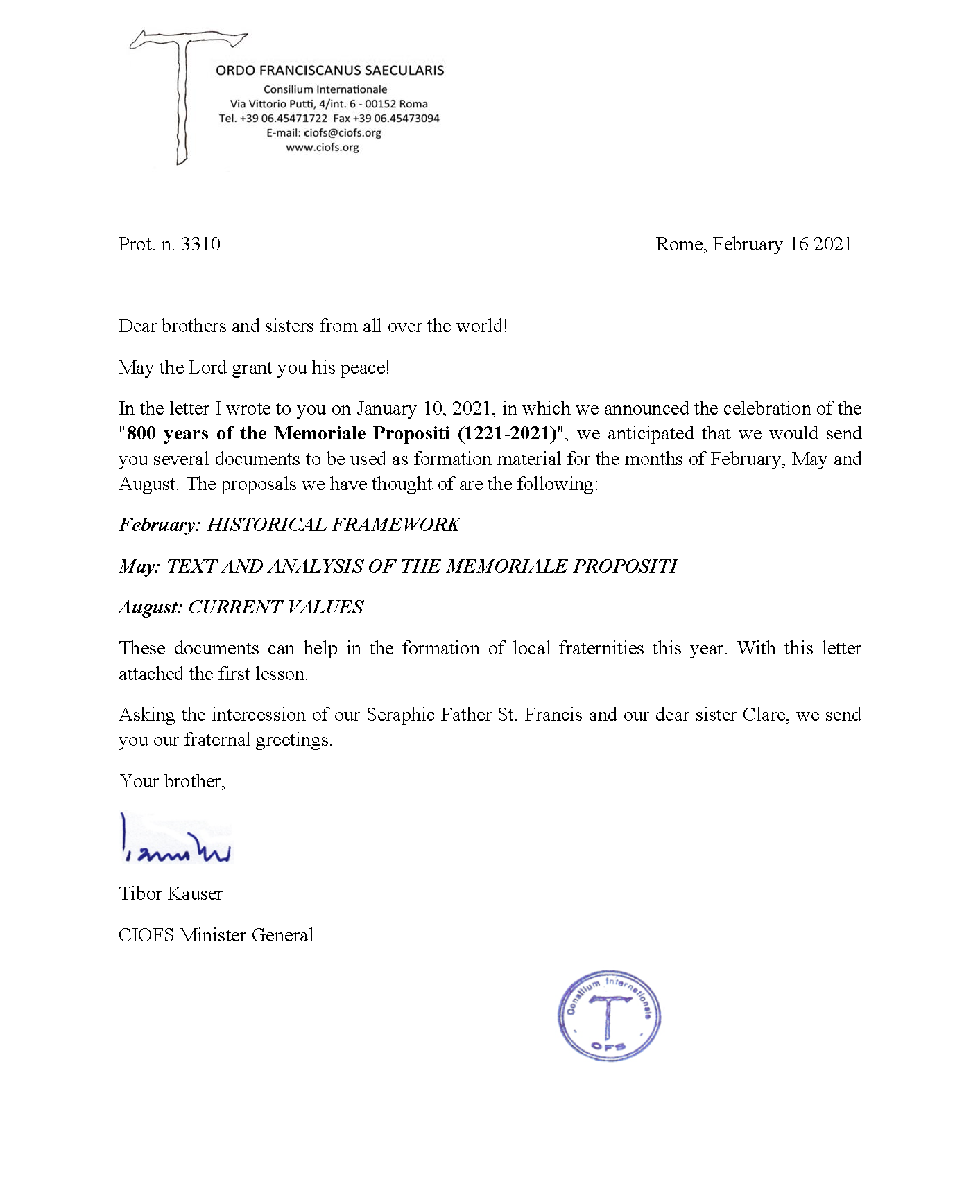 Letter on using Memoriale Propositi for Formation
